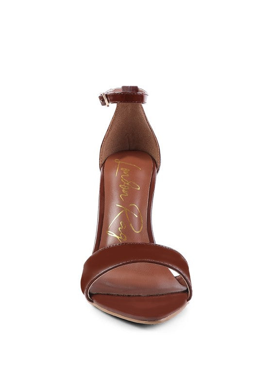 NEW FLAME high-heel sandals, dark brown, heel and ankle strap view