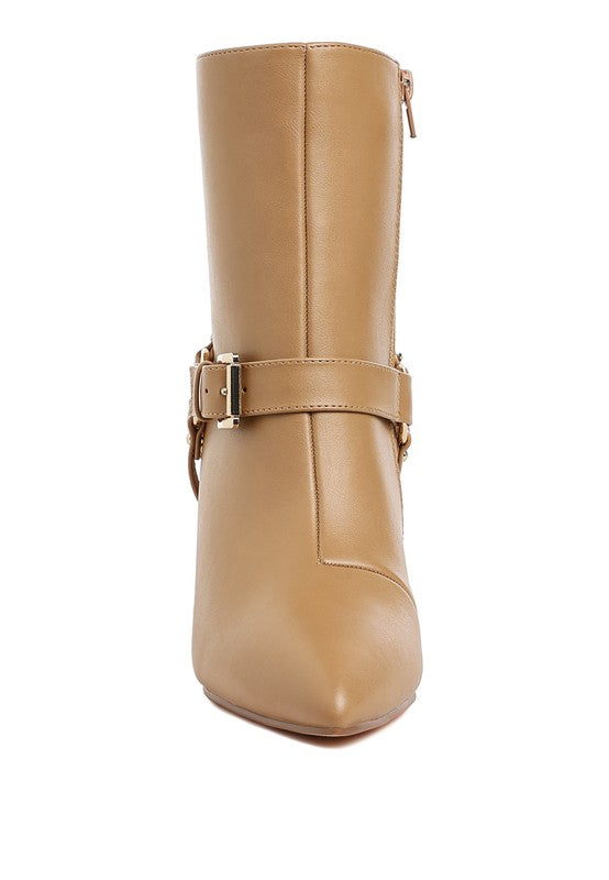 Tan stiletto ankle boot back view with side zipper and wide ankle strap