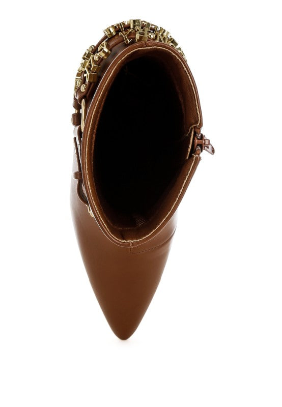 Brown stiletto boot interior view with open top and padded lining