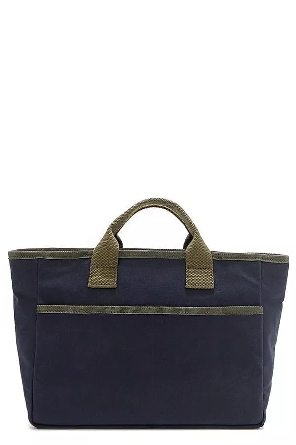 Navy canvas tote bag with olive trim and top handles