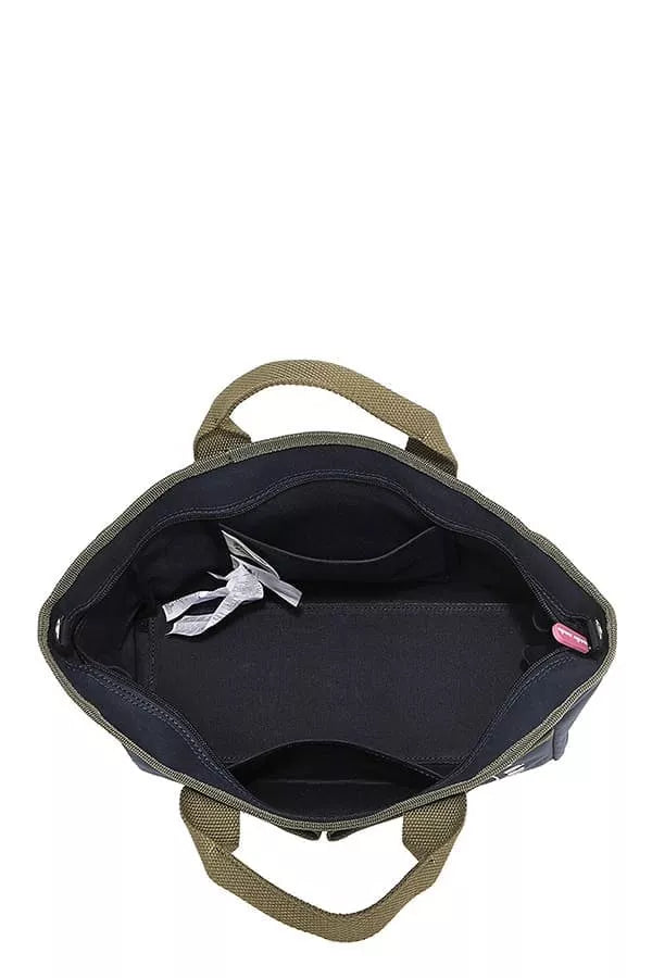 Navy canvas tote bag interior view with open top and inner lining