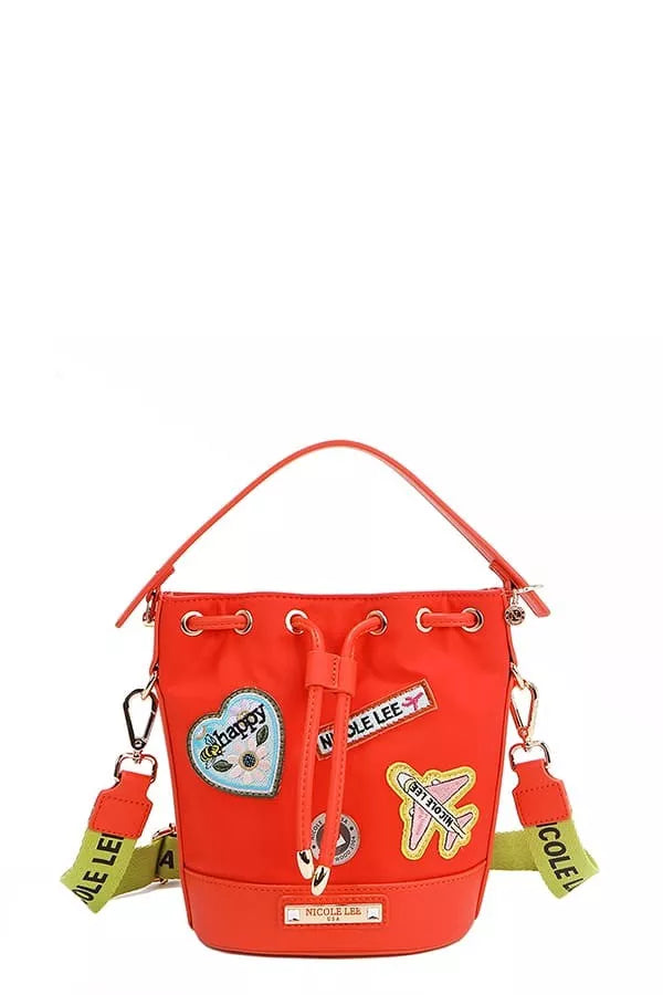 Nicole Lee USA color patch bucket bag, red with embroidered front patches and top handles