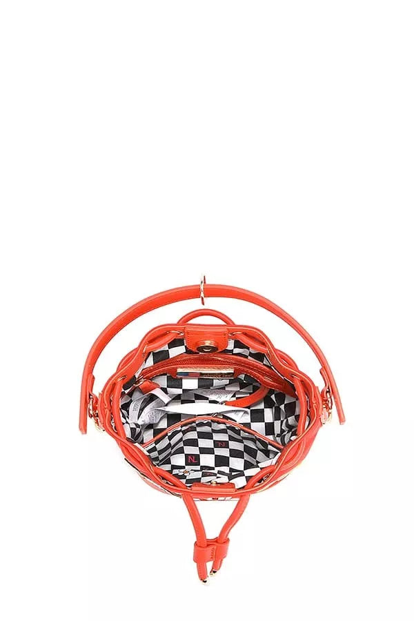 Bucket bag open top showing black-and-white checkered inner lining and zipper detail
