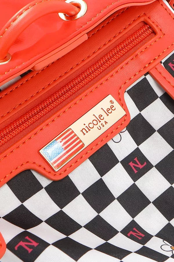 Close-up inside pocket and checkered lining on Nicole Lee USA red bucket bag