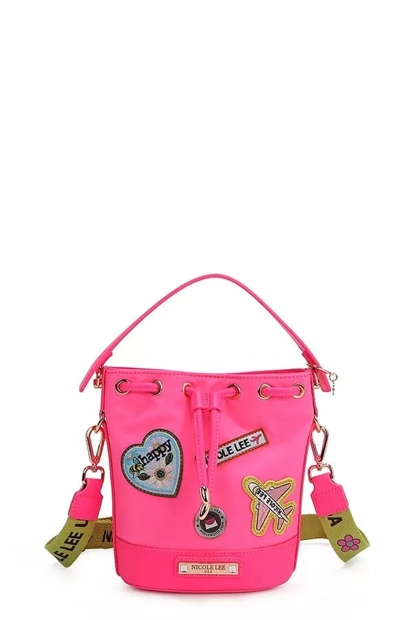 Nicole Lee USA color patch bucket bag in bright pink with front eyelet drawstring