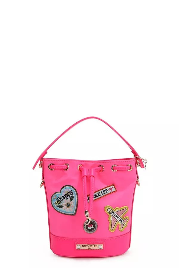 Bright pink bucket bag with decorative stitched patches and drawstring top