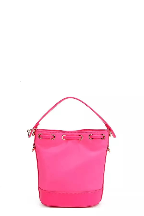 Bright pink bucket bag back view with top handle and grommet strap loops