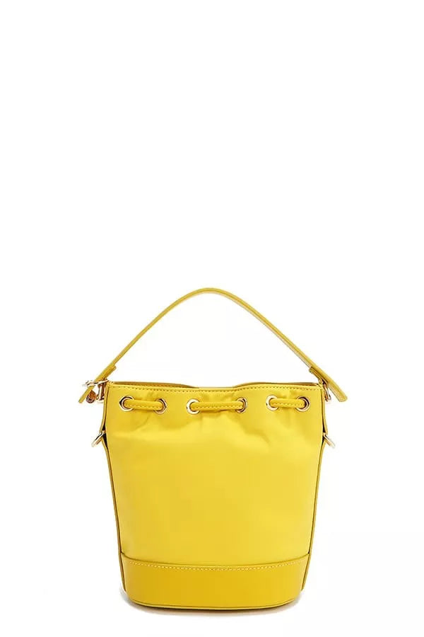 Yellow bucket bag back view with top handle and grommet strap loops
