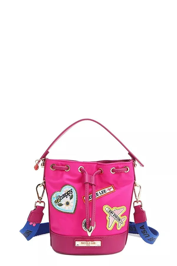 Nicole Lee USA Color Patch Bucket Bag in pink with colorful front patches