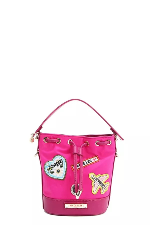 Pink bucket bag with patch accents and drawstring top detail