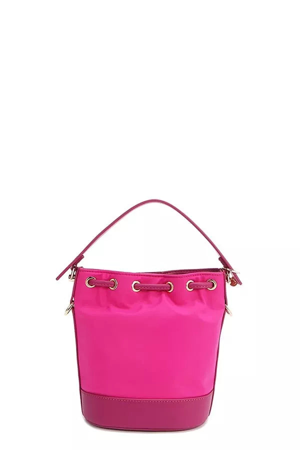 Pink bucket bag with three grommet handles and metal side hardware
