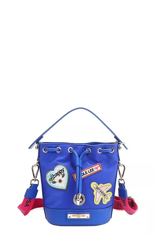 Nicole Lee USA Color Patch Bucket Bag in blue with colorful front patches