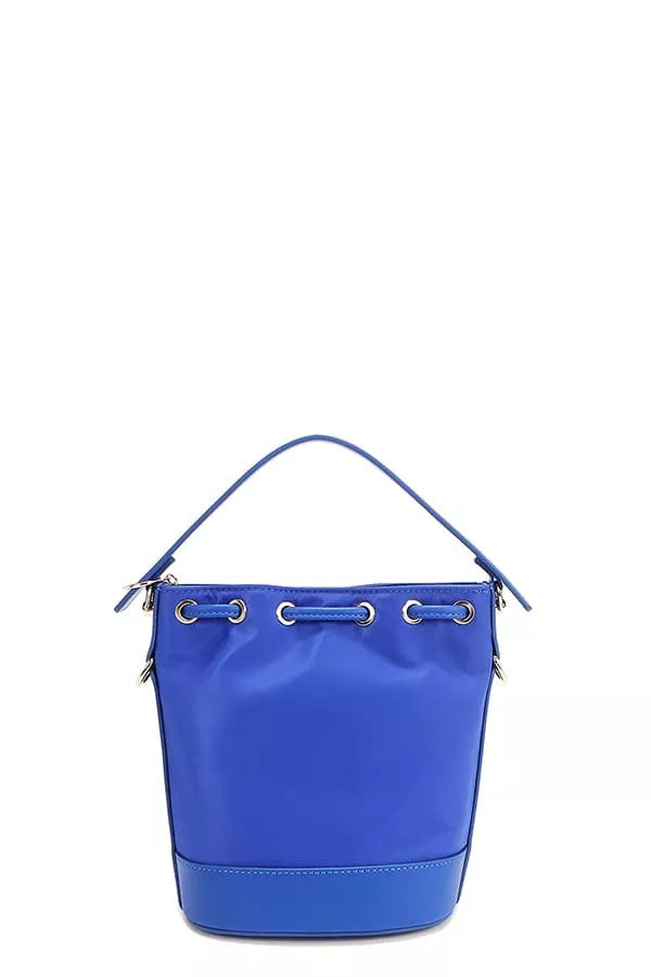 Blue bucket bag front view with three grommet handles and metal hooks