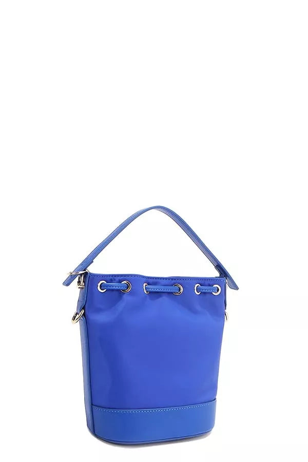 Blue bucket bag side view with grommet handles and zipper pull tab