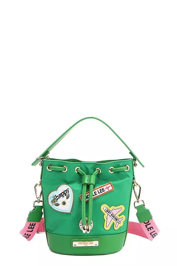 Nicole Lee Color Patch Bucket Bag in green, front charm patches and drawstring.