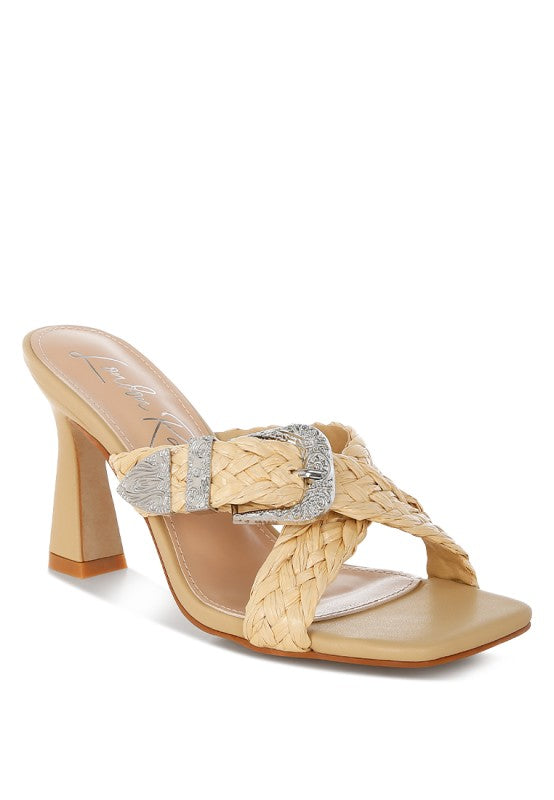 Beige braided criss-cross strap sandals with metallic buckle and chunky block heel