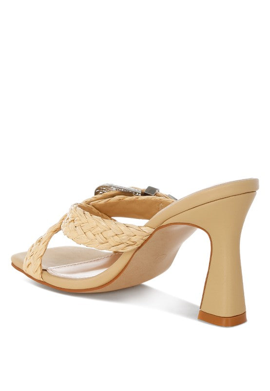 Braided open-toe mule sandal, beige straps with metallic buckle, high block heel