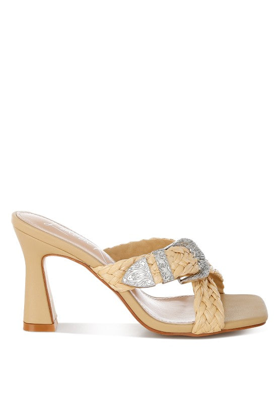 Beige mule sandal with braided cross strap and silver-toned buckle, medium block heel