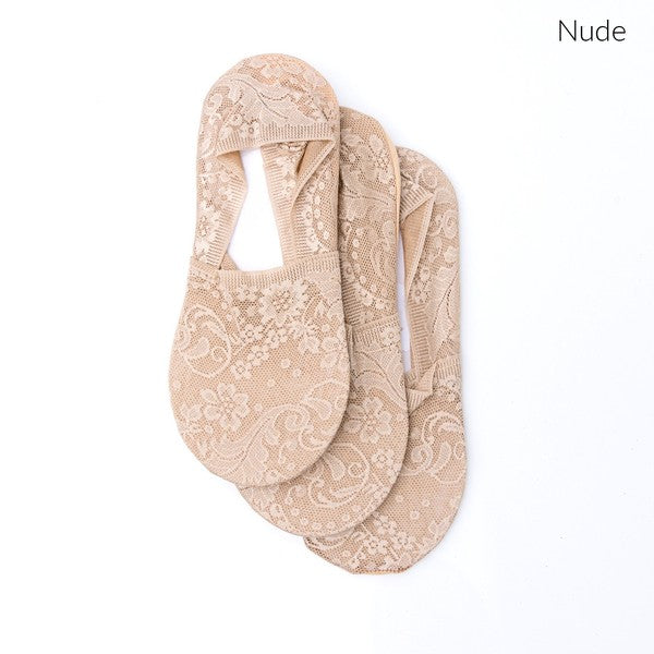 Nude 3-pack no-slip sneaker socks, floral lace footie style