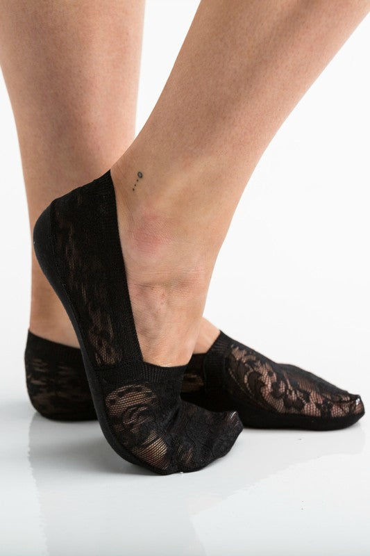 Black sheer lace no-show socks with floral pattern and snug heel