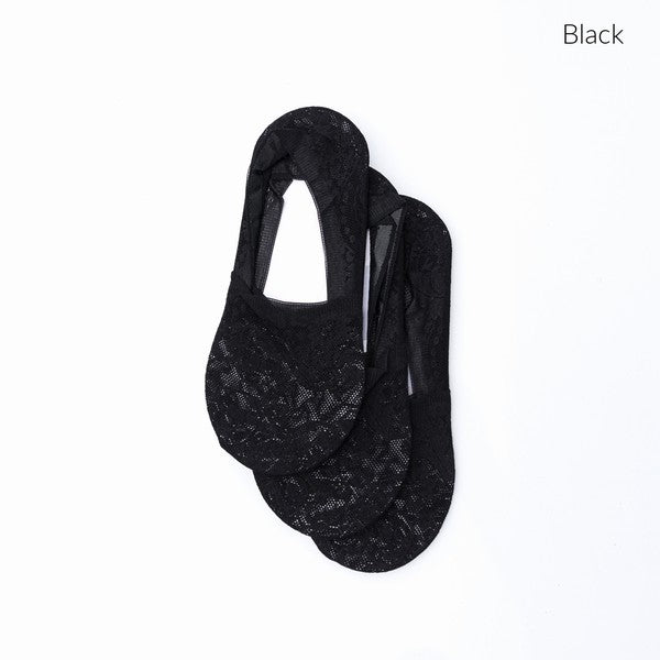 Black floral lace sneaker socks, pair shown folded to reveal sheer knit