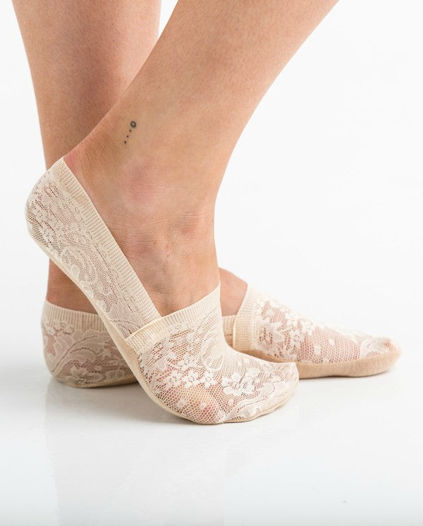 Beige no-slip floral lace socks, snug cuff with detailed lace across foot