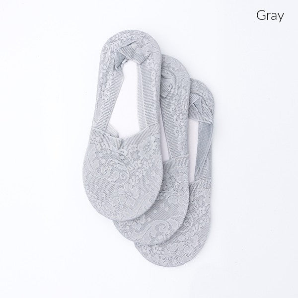 Graue Floral Lace Sneaker Socken, Paar gefaltet, Spitzendesign am Vorderteil