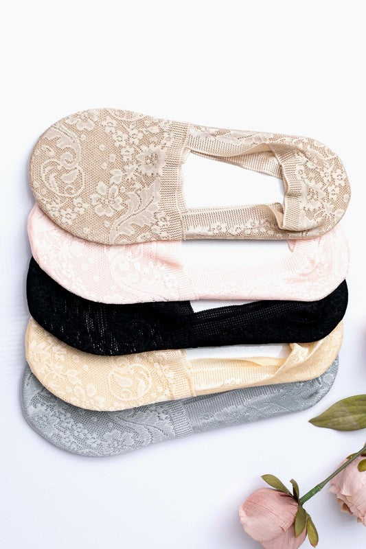 3er-Pack Floral Lace Sneaker Socken in Beige, Blush, Schwarz und Grau