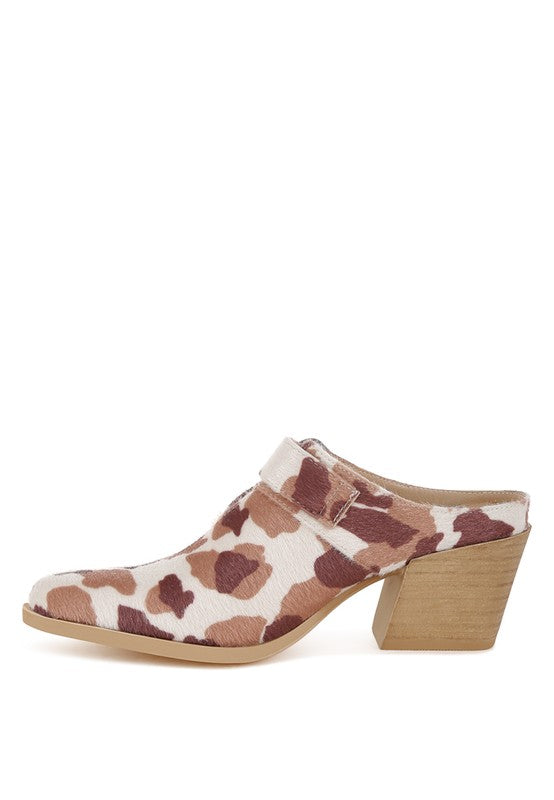 Cow print mules in faux suede with side buckle detail and high block heel