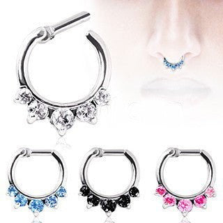 Princess septum clicker, surgical steel hoop with clustered stones in clear/blue/pink/black