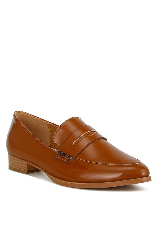 Patent pleather penny loafers, tan brown with metal-stud strap and low block heel