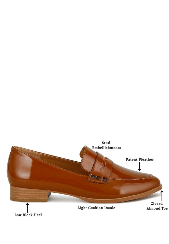 Patent pleather penny loafers in tan brown with light cushion insole and low block heel