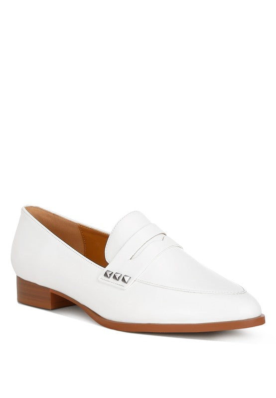Patent pleather penny loafers in off-white with metal-stud strap and low block heel