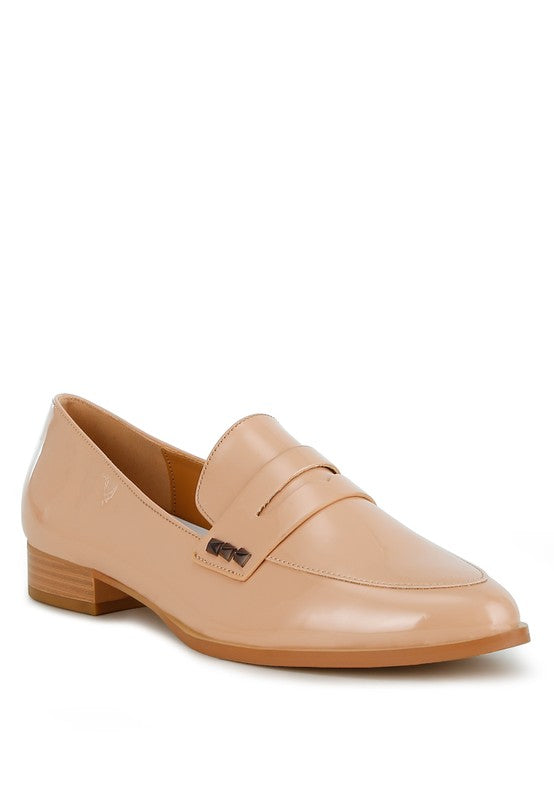 Beige patent pleather penny loafers with penny strap and low block heel