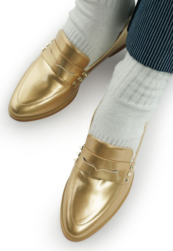 Gold penny loafers, stitched vamp and studded strap detail