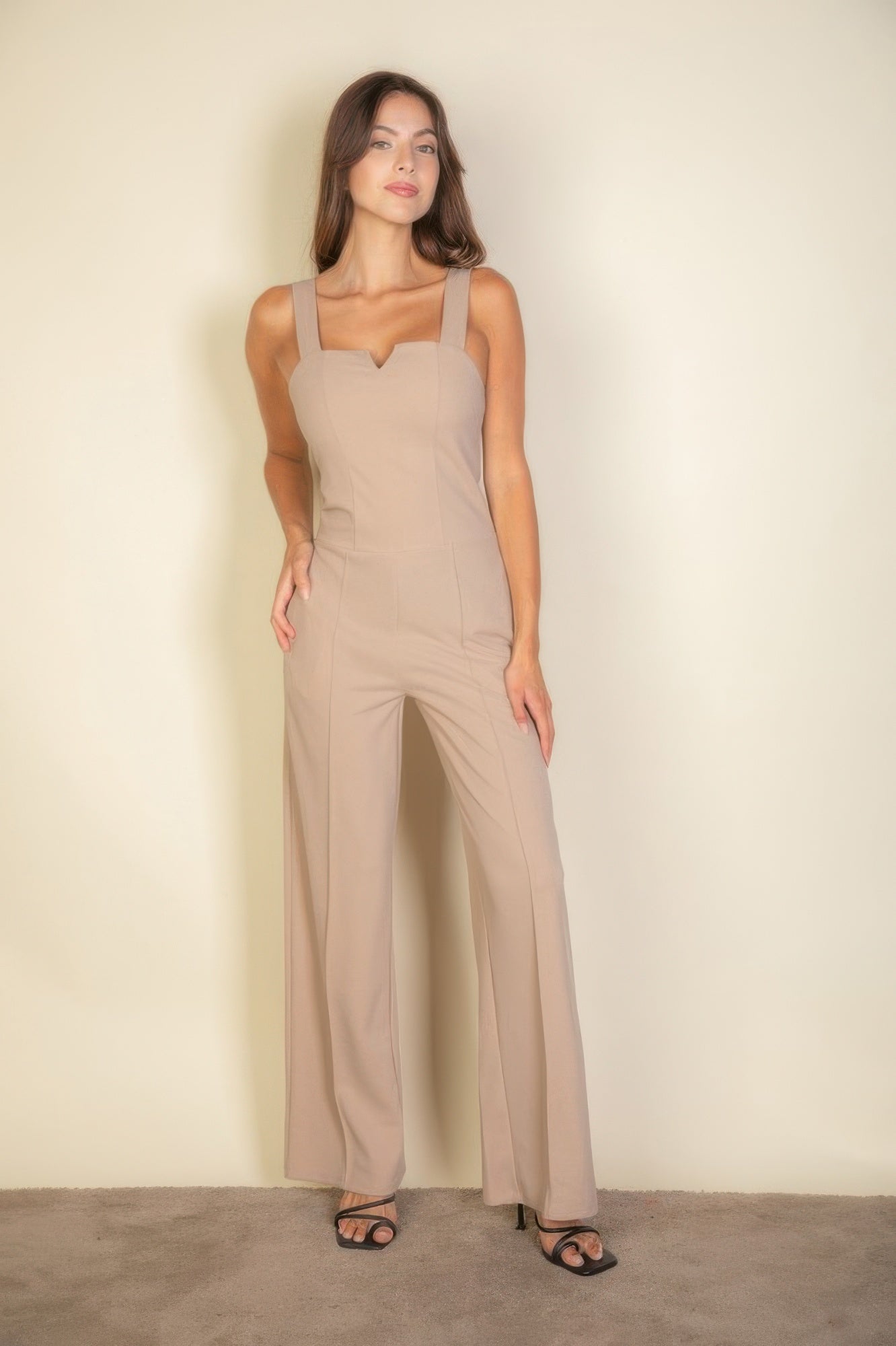 Taupe notched neck cami jumpsuit, sleeveless wide-leg with V-shaped neckline detail