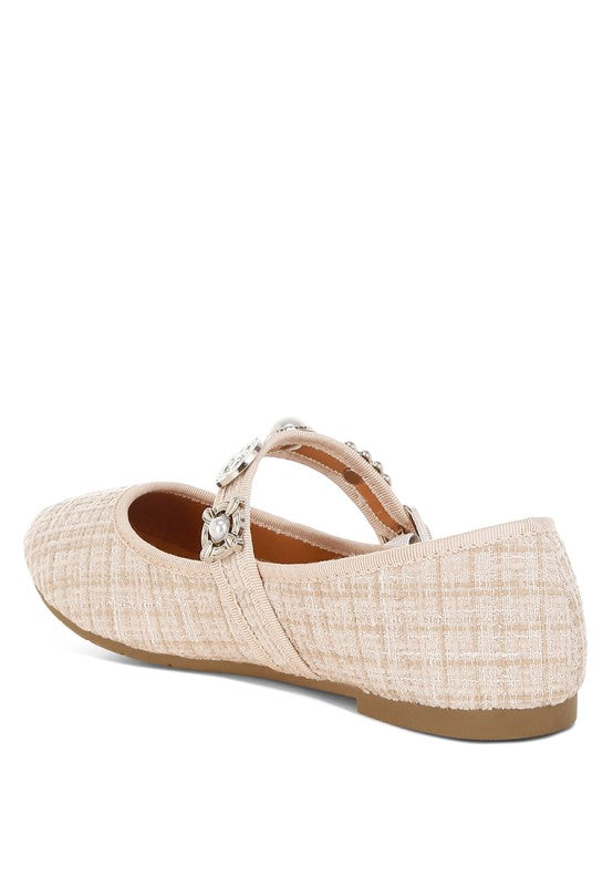 Beige tweed Mary Janes with side buckle strap and pearl charm embellishment