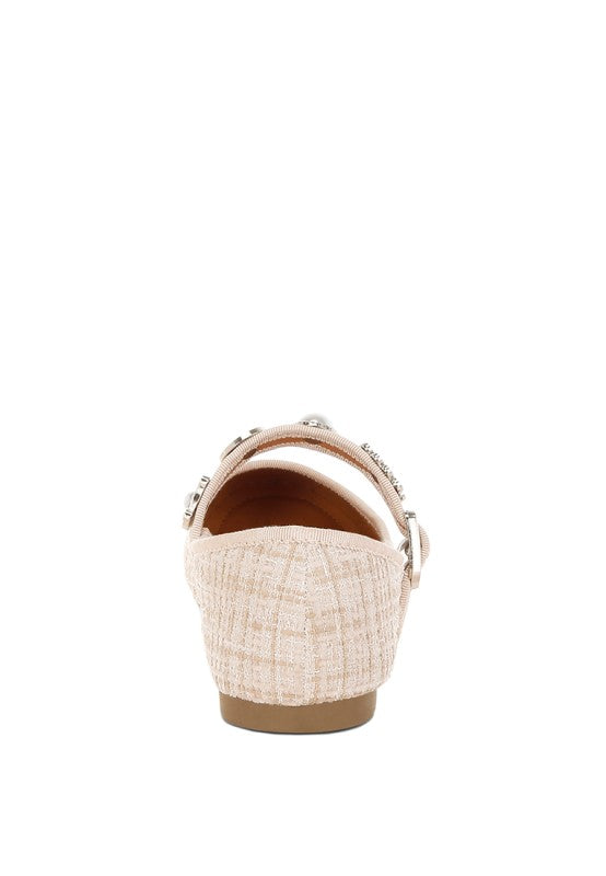 Beige tweed Mary Janes rear view with pearl charm strap and jeweled trim