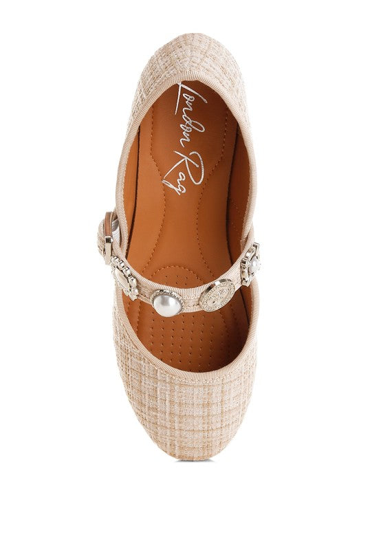 Beige tweed Mary Janes with round toe; jeweled strap and sole view