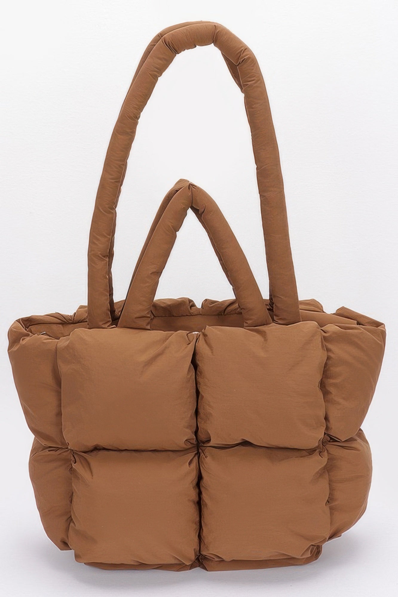 Camel quilted padded nylon tote bag with two top handles and front quilting