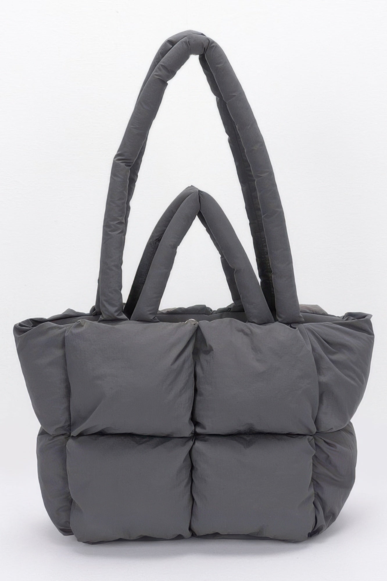 Gray quilted padded nylon tote bag with two top handles and front quilting