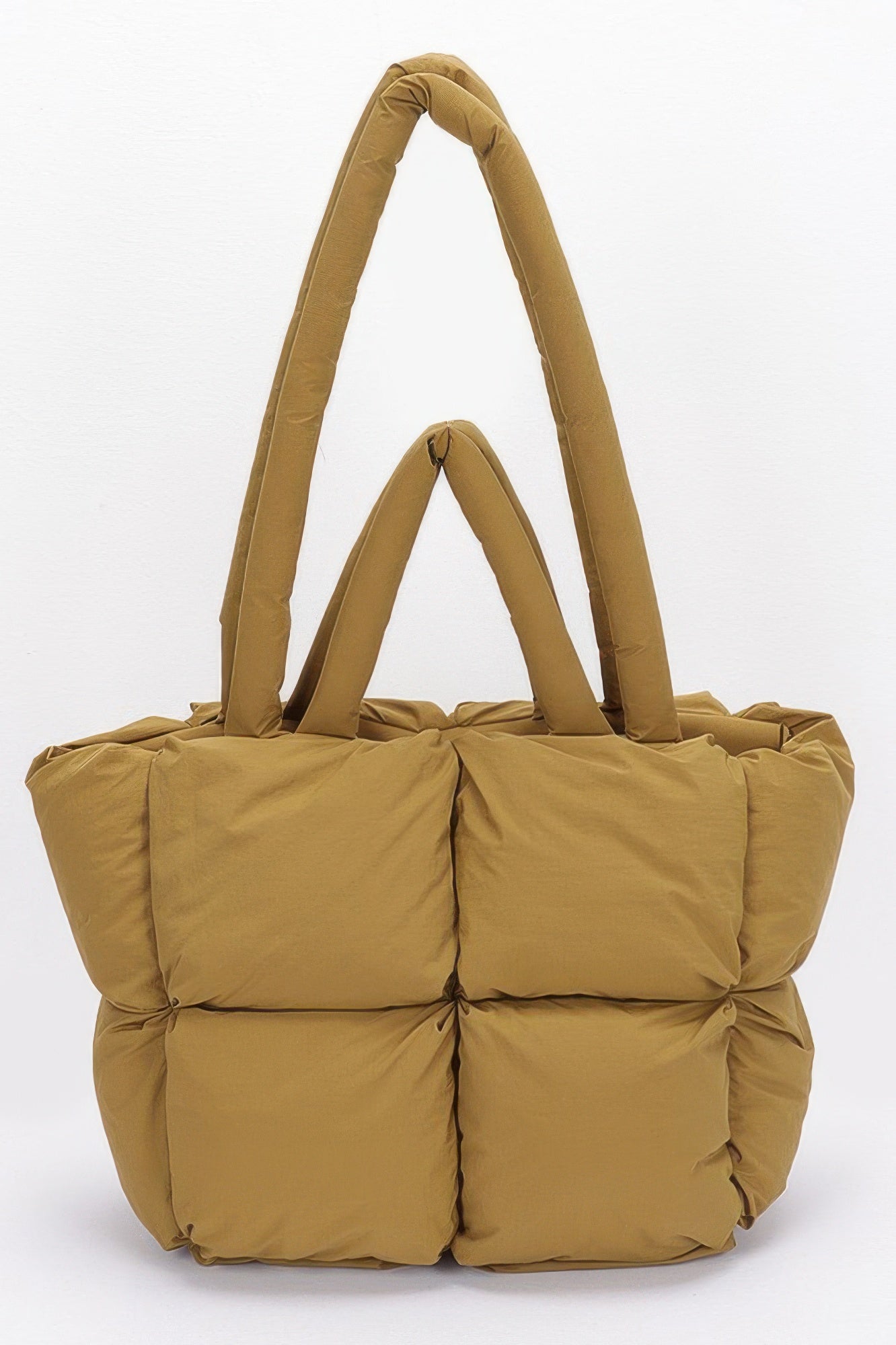 Olive quilted padded nylon tote bag with two top handles and front quilting