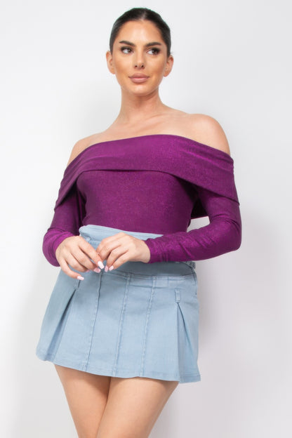 Off-shoulder Glittery Long Sleeve Bodysuit - Tigbul's Variety Fashion Shop