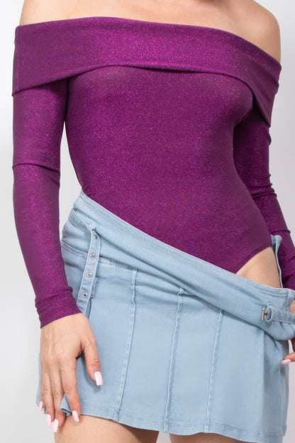 Off-shoulder Glittery Long Sleeve Bodysuit - Tigbul's Variety Fashion Shop