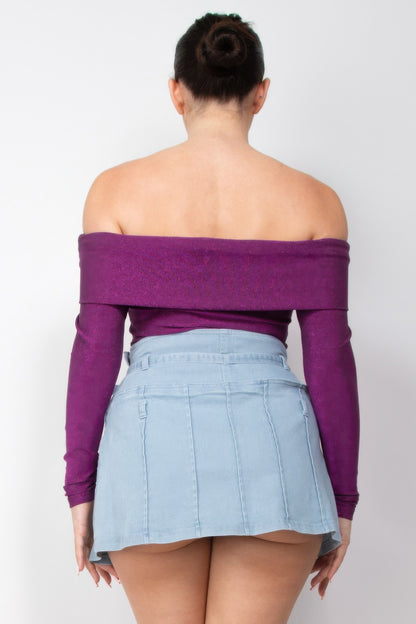 Off-shoulder Glittery Long Sleeve Bodysuit - Tigbul's Variety Fashion Shop
