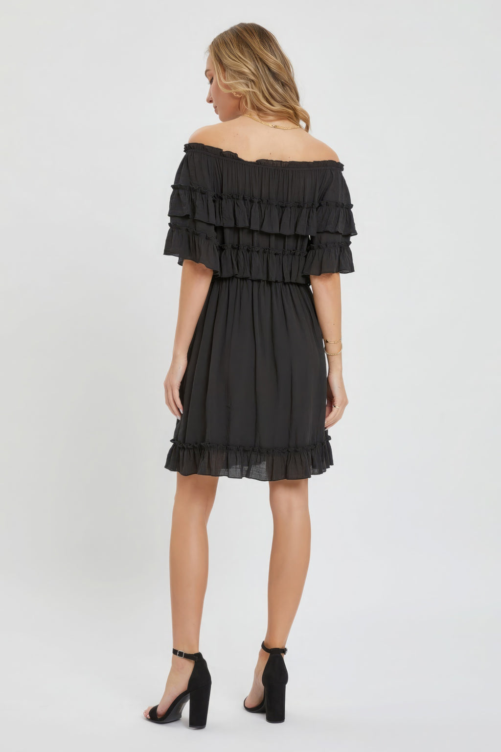 Off-Shoulder Rüschenkleid, Rückansicht in Schwarz mit Rüschen am Ausschnitt