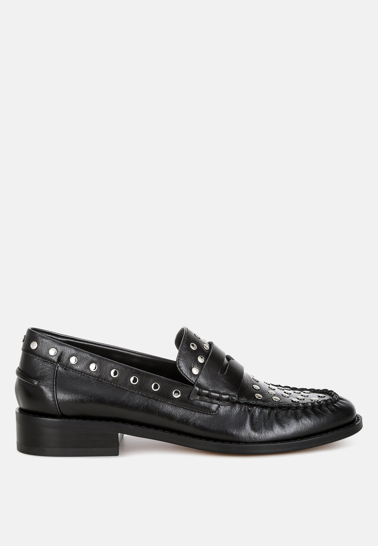 Oglavia Studs Embellished Leather Loafers - Tigbul's Variety Fashion Shop