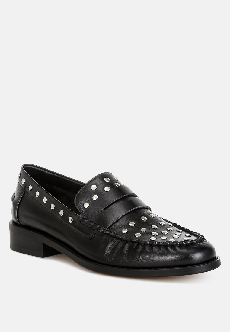 Oglavia Studs Embellished Leather Loafers - Tigbul's Variety Fashion Shop