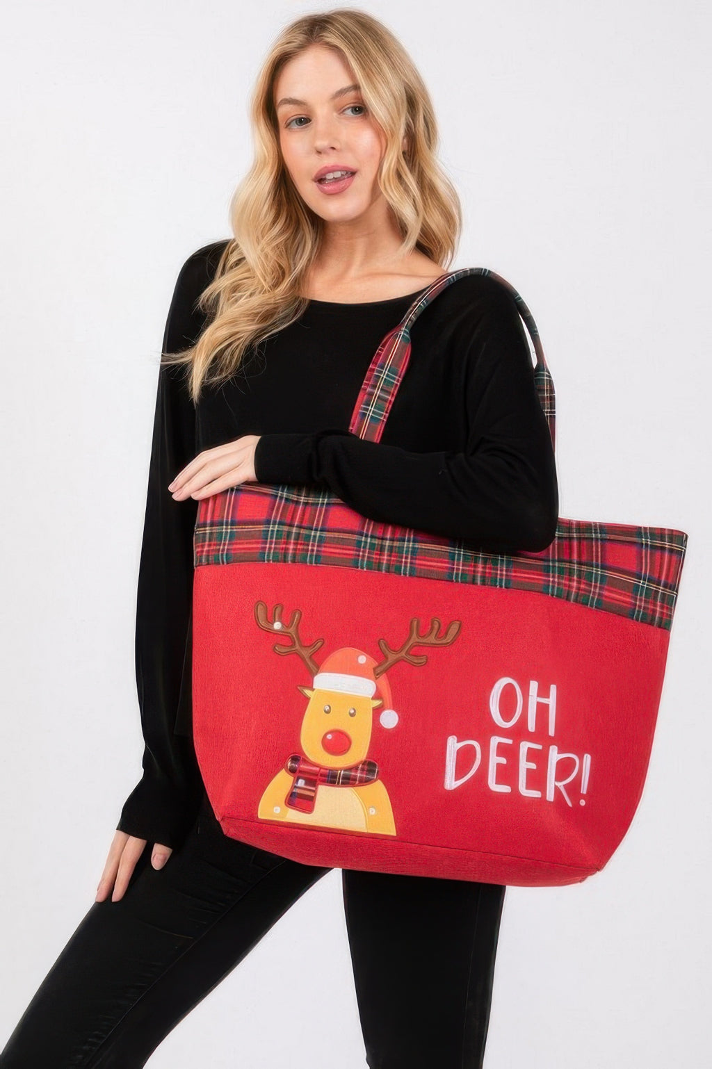 Oh Deer! Christmas tote bag in red with plaid straps and reindeer graphic