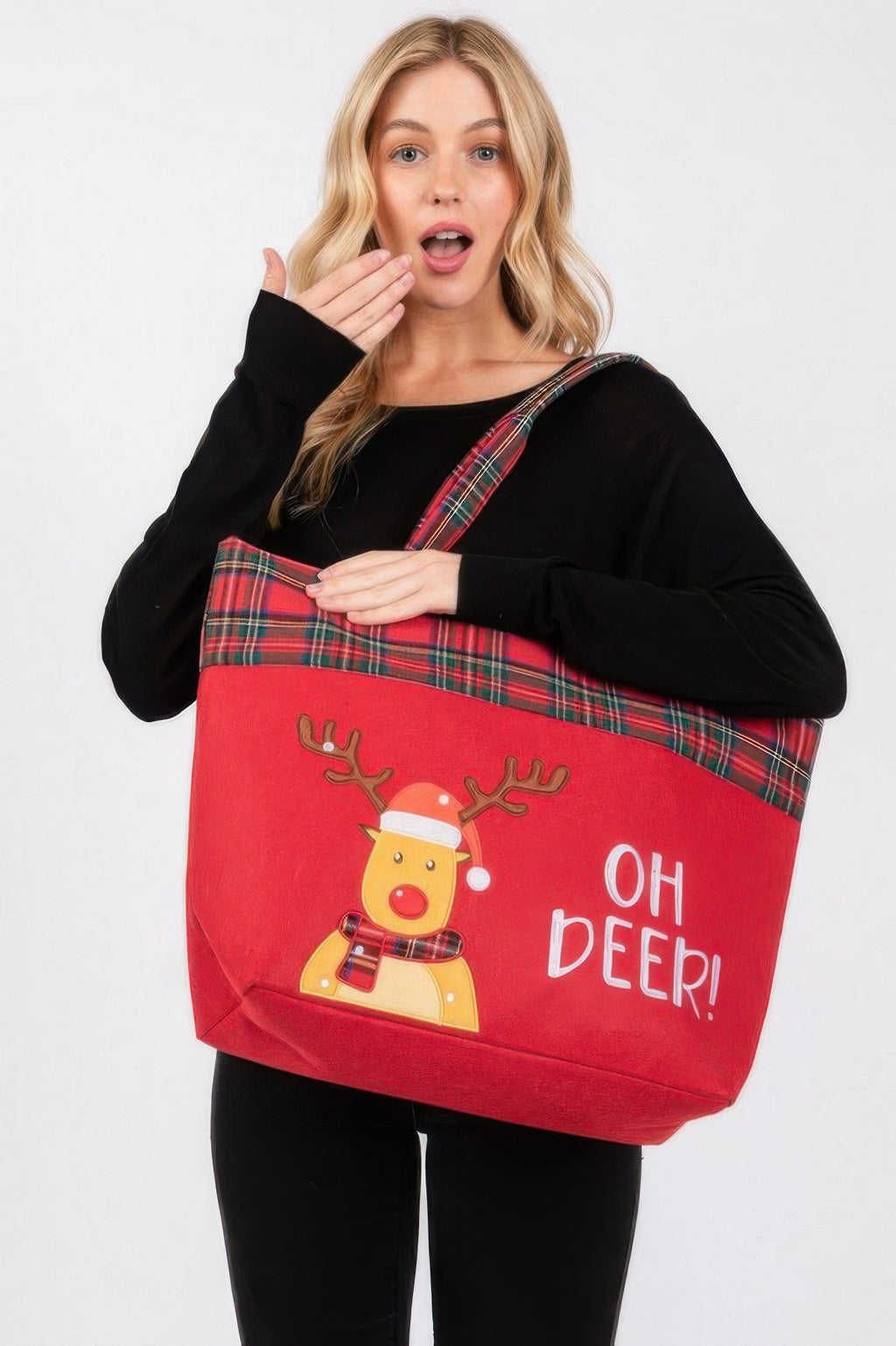 Oh Deer Letter tote bag, red body with plaid top band and reindeer front print